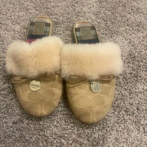 Coach Tan Slippers with Plush Fur Trim